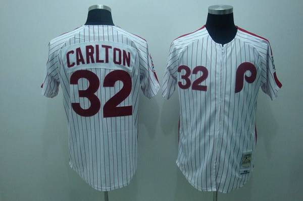 Mitchell and Ness Phillies #32 Steve Carlton Stitched White Red Strip Throwback MLB Jersey - Click Image to Close